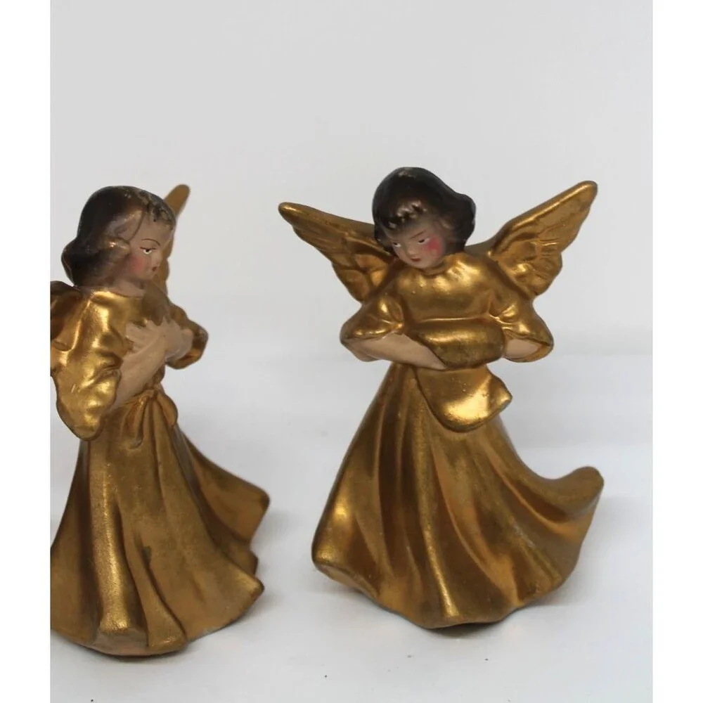 Vintage Set of 3 Christmas Angel Figurines Japan MCM Metallic Gold Hand Painted